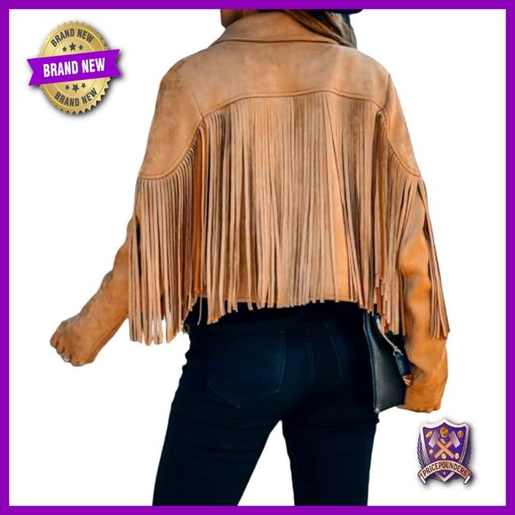 Faux Suede Cropped Fringe Jacket Western Motorcycle Style Retro Chic - Picture 5 of 7